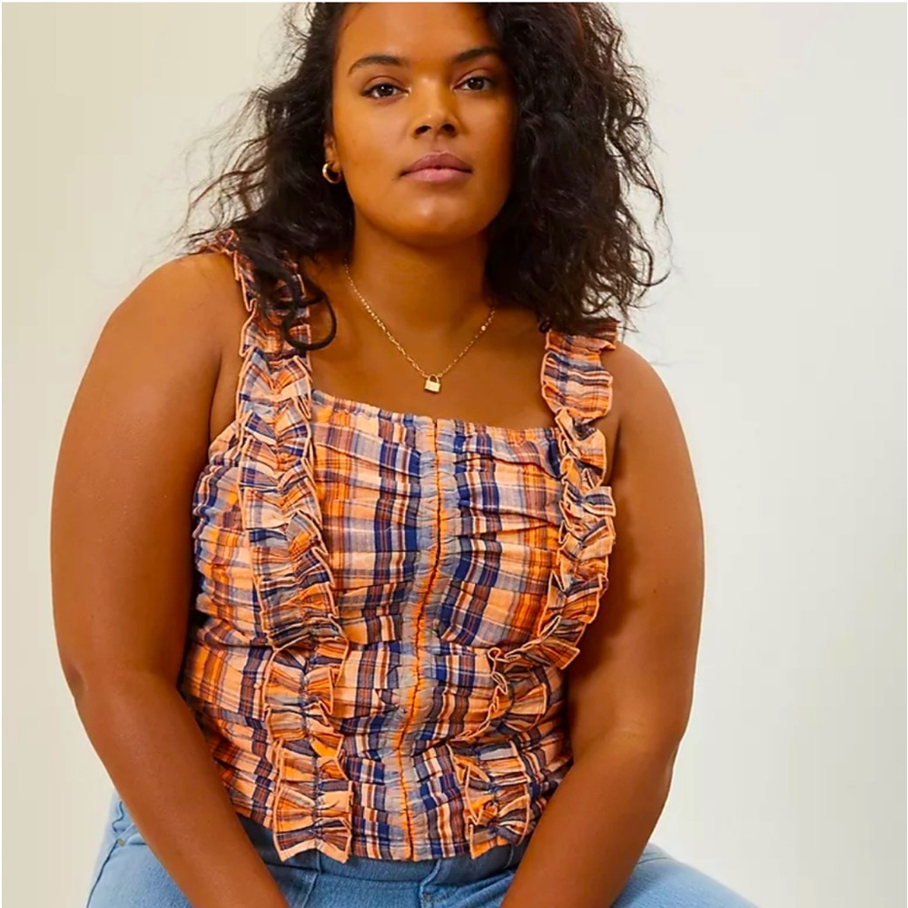 Anthropologie Ruffled Plaid Tank Verb - Pallavi Singhee Orange Motif NWT Size 3X